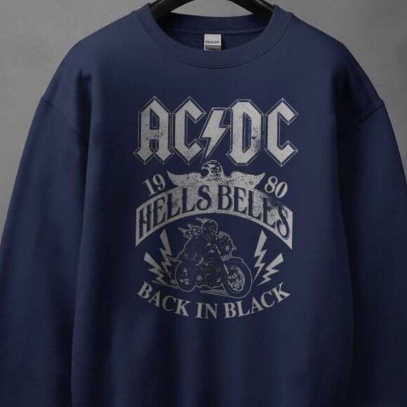 Vintage 90s ACDC Hells Bells Sweatshirt,ACDC Back in Black Album Band Shirt Navy - Picture 2 of 4